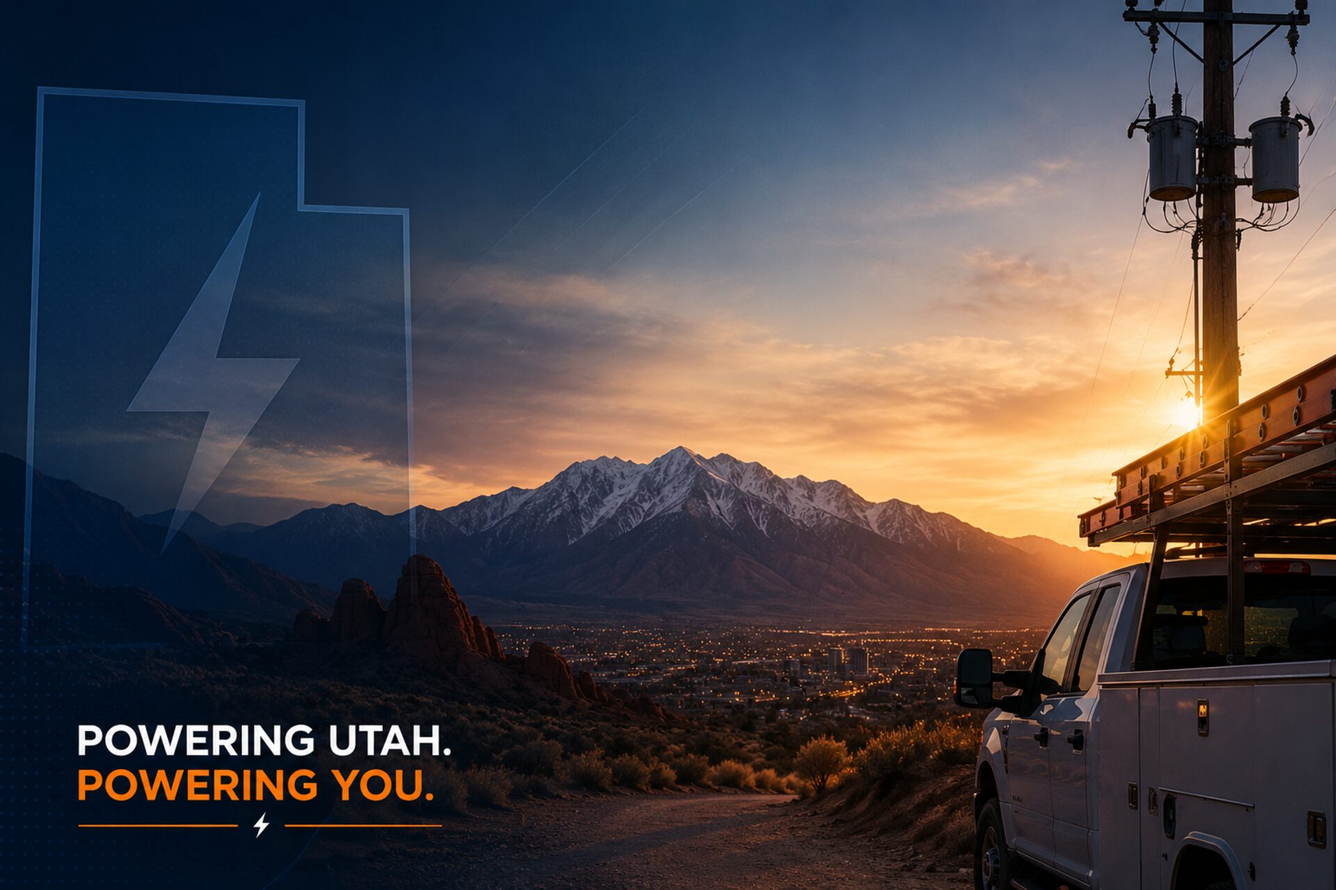 Helios Solutions service truck overlooking the Wasatch Front at sunset — Powering Utah. Powering You.